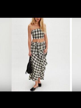 Free People After You Set Black/White Plaid Maxi Skirt Crop Top Set M PIcnic